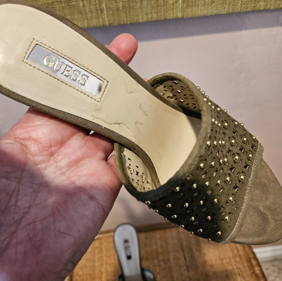 GUESS "Kamari" Suede Gold Studded Platform Mules - Picture 7 of 13